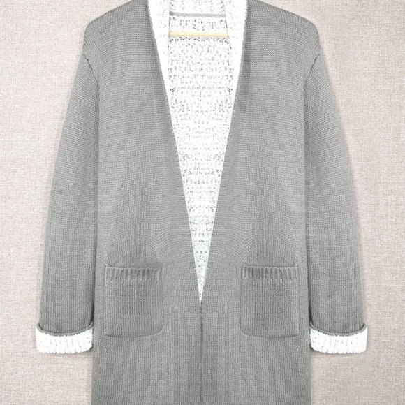 Gray Long Pocketed Open Front Knit Cardigan - Picture 4 of 8